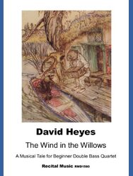 The Wind in the Willows," a musical tale for beginner double bass quartet composed by David Heyes and published by Recital Music under the catalogue number RMD1580. The illustration prominently displayed on the cover is a famous work by Arthur Rackham, depicting a scene from Kenneth Grahame's classic children's novel, "The Wind in the Willows". This particular illustration captures the moment when Ratty instructs Mole to "Shove that under your feet" as he helps him into the boat. Arthur Rackham is renowned for his whimsical and detailed illustrations in many beloved children's books, including later editions of "The Wind in the Willows".