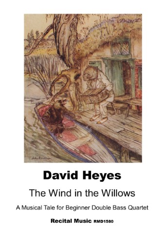 The Wind in the Willows," a musical tale for beginner double bass quartet composed by David Heyes and published by Recital Music under the catalogue number RMD1580. The illustration prominently displayed on the cover is a famous work by Arthur Rackham, depicting a scene from Kenneth Grahame's classic children's novel, "The Wind in the Willows". This particular illustration captures the moment when Ratty instructs Mole to "Shove that under your feet" as he helps him into the boat. Arthur Rackham is renowned for his whimsical and detailed illustrations in many beloved children's books, including later editions of "The Wind in the Willows".