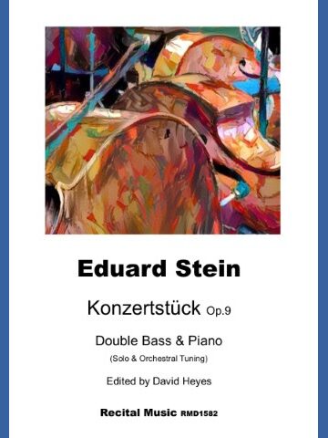 Abstract image of 3 double basses ona s sheet music book by Eduard Stein called Konzerstucke Op 9 Double Bass and Piano (Solo and Orchestral Tuning) Edited David Heyes Recital Music RMD1582.