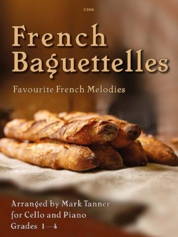 Image shows a stack of golden-brown baguettes on a light-coloured surface. It used for the cover of a sheet music publication by Clifton Edition. The text is shown as “C304 French Baguettelles Favourite French Melodies Arranged by Mark Tanner for Cello and Piano Grades 1–4”