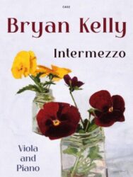Sheet music cover for 'Intermezzo' by Bryan Kelly for Viola and Piano, featuring a watercolor illustration of yellow and deep red pansies in glass jars