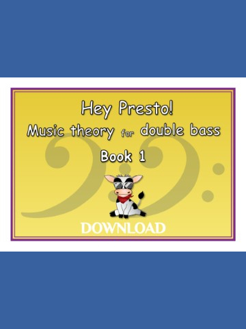 Cover of a music theory book titled 'Hey Presto! Music theory for double bass Book 1' featuring a cartoon cow wearing sunglasses and a red bandana.