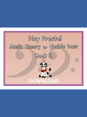 Cover of a music theory book titled 'Hey Presto! Music theory for double bass Book 2' featuring a cartoon cow wearing sunglasses and a red bandana. The background has 2 bass clef signs on a pink background