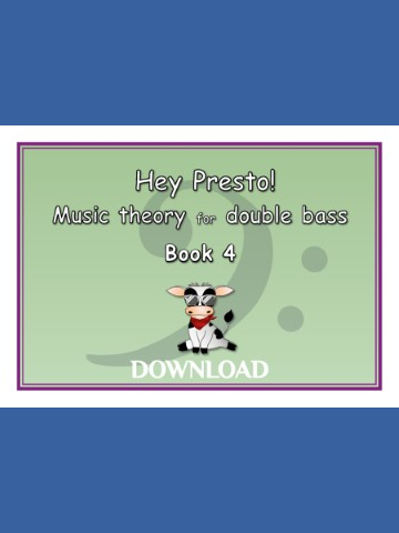 Cover of a music theory book titled 'Hey Presto! Music theory for double bass Book 4' featuring a cartoon cow wearing sunglasses and a red bandana. The background has 2 bass clef signs on a pale green background.