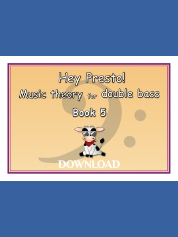 Cover of a music theory book titled 'Hey Presto! Music theory for double bass Book 5' featuring a cartoon cow wearing sunglasses and a red bandana. The background has 2 bass clef signs on a peach coloured background.
