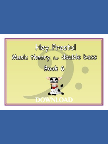Cover of a music theory book titled 'Hey Presto! Music theory for double bass Book 6' featuring a cartoon cow wearing sunglasses and a red bandana. The background has 2 bass clef signs on a pale yellow background.