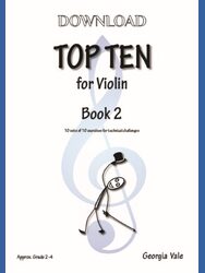 Cover image for a violin exercise book titled "Top Ten for Violin Book 2" by Georgia Vale. It includes a stick figure illustration and states it contains "10 sets of 10 exercises for technical challenges" and is for "Approx. Grade 2-4".