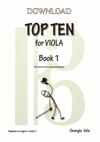 Cover image for a viola exercise book titled "Top Ten for Viola Book 1" by Georgia Vale. It includes a stick figure illustration and states it contains "10 sets of 10 exercises for technical challenges" and is for "Approx. Beginner - Grade 2".