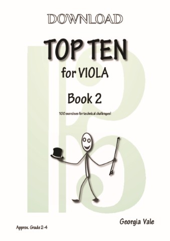 Cover image for a viola exercise book titled "Top Ten for Viola Book 2" by Georgia Vale. It includes a stick figure illustration and states it contains "10 sets of 10 exercises for technical challenges" and is for "Approx. Grade 2 - 4".