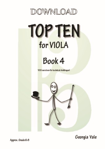 Cover image for a viola exercise book titled "Top Ten for Viola Book 4" by Georgia Vale. It includes a stick figure illustration and states it contains "10 sets of 10 exercises for technical challenges" and is for "Approx. Grade 6 - 8".