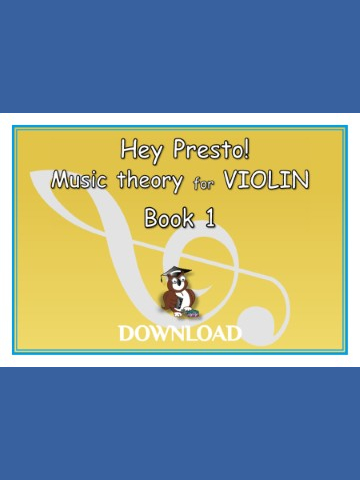 Cover of 'Hey Presto! Music theory for VIOLIN Book 1' featuring a cartoon owl wearing a graduation cap, sitting on books, with a large treble clef in the background. The text 'DOWNLOAD' is at the bottom." The main colour is yellow.