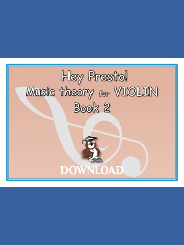 Cover of 'Hey Presto! Music theory for VIOLIN Book 2' featuring a cartoon owl wearing a graduation cap, sitting on books, with a large treble clef in the background. The text 'DOWNLOAD' is at the bottom." The main colour is pale pink.