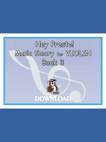 Cover of 'Hey Presto! Music theory for VIOLIN Book 3' featuring a cartoon owl wearing a graduation cap, sitting on books, with a large treble clef in the background. The text 'DOWNLOAD' is at the bottom." The mian colour is pale blue.