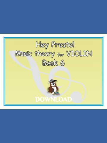 Cover of 'Hey Presto! Music theory for VIOLIN Book 6' featuring a cartoon owl wearing a graduation cap, sitting on books, with a large treble clef in the background. The text 'DOWNLOAD' is at the bottom." The background colour is a pale shade of yellow.