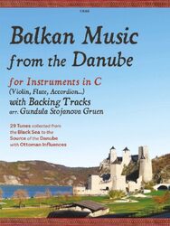 A book cover titled "Balkan Music from the Danube" for Instruments in C (Violin, Flute, Accordion...) with Backing Tracks, arranged by Gundula Stojanova Gruen. It states "29 Tunes collected from the Black Sea to the Source of the Danube with Ottoman Influences". The image features a large fortress, likely Golubac Fortress, situated on the bank of a river with a bridge in the foreground and hills in the background under a blue sky. The top left corner has the code C666.