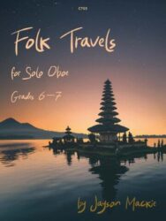 The image for Jayson Mackie's Folk Travels music book is of the Floating Temple, Pura Ulun Danu Beratan in Balinese at sunset. It is one of the iconic images of Bali. The temple sits on the western shore of Lake Beratan in the mountains near Bedugul, and its position in the lake can give the illusion of floating on the water. The publication number on the cover is C753.