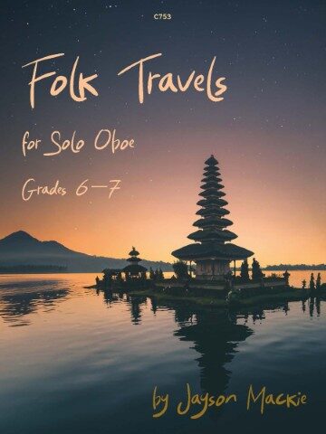The image for Jayson Mackie's Folk Travels music book is of the Floating Temple, Pura Ulun Danu Beratan in Balinese at sunset. It is one of the iconic images of Bali. The temple sits on the western shore of Lake Beratan in the mountains near Bedugul, and its position in the lake can give the illusion of floating on the water. The publication number on the cover is C753.