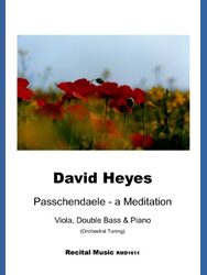 David Heyes Passchendaele - a Meditation Viola, Double Bass & Piano (Orchestral Tuning) Recital Music RMD1611 is written below the image which is a sheet music cover featuring a field of red poppies and yellow flowers under a blue sky, with the title