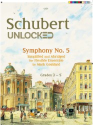 The image is an advertisement for a simplified and abridged version of Schubert's Symphony No. 5, arranged for flexible ensemble by Mark Goddard, and intended for students in grades 3-5. It features an illustration of a city street with classical architecture and horse-drawn carriages.