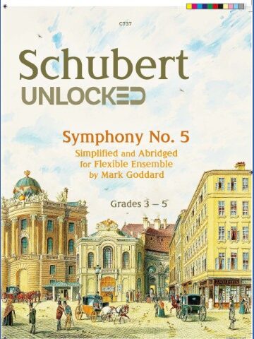 The image is an advertisement for a simplified and abridged version of Schubert's Symphony No. 5, arranged for flexible ensemble by Mark Goddard, and intended for students in grades 3-5. It features an illustration of a city street with classical architecture and horse-drawn carriages.