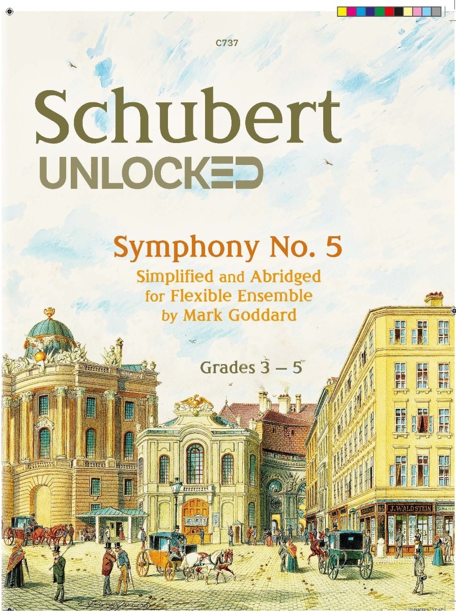 The image is an advertisement for a simplified and abridged version of Schubert's Symphony No. 5, arranged for flexible ensemble by Mark Goddard, and intended for students in grades 3-5. It features an illustration of a city street with classical architecture and horse-drawn carriages.
