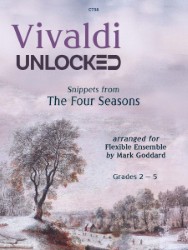 This image is the cover art for a musical arrangement of Vivaldi's "The Four Seasons" for flexible ensemble, created by Mark Goddard. The cover features the title "Vivaldi UNLOCKED" along with "Snippets from The Four Seasons." The arrangement is designed for musicians at grades 2-5. The image also includes a wintry landscape painting in the background, which complements the theme of the musical work. The cover is marked with the code "C738". This particular arrangement by Mark Goddard is designed for flexible ensembles, meaning it can be adapted for various instrumentations, making Vivaldi's music accessible to a wider range of musicians.