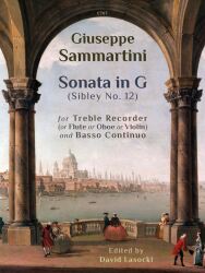 he image is a book cover titled "Giuseppe Sammartini Sonata in G (Sibley No. 12) for Treble Recorder (or Flute or Oboe or Violin) and Basso Continuo Edited by David Lasocki." The background features a painting of a cityscape with a river, boats, and people in 18th-century attire on a balcony overlooking the scene, framed by two large stone arches
