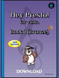 The cover of Hey Presto! for Violin Book 1 (Bronze) features a bright and engaging design. The title, 'Hey Presto!', is displayed in bold, playful font at the top, with 'Violin Book 1 (Bronze)' written below in a smaller, clear typeface. The background is a warm shade, possibly orange or bronze, reflecting the book's level. Three illustrated characters—Presto, Bravo, and Poco—are positioned on the cover, adding a fun and friendly touch. They appear to be guiding young learners through their musical journey. A violin graphic or musical notes may also be present, reinforcing the book’s focus on beginner violin techniques. The author's name, Georgia Vale, is printed at the bottom, along with a mention of the included audio resources available online.