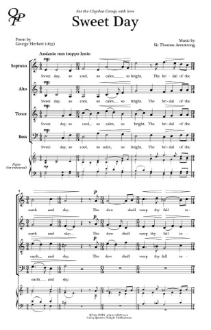 Image and first page of a piee of chral music called Sweet Day by Sir Thomas Armstrong, published by Queens Temple Publications QT225