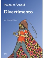 Image of a sheet music cover for "Divertimento for Clarinet Duo" by Malcolm Arnold. The cover features an illustration of a harlequin-like figure playing a flute, wearing a colorful, patterned cloak and a hooded costume with antennae. The title "Divertimento" is prominently displayed in large white letters, with "Malcolm Arnold" above it and "for Clarinet Duo" below. The publisher's code "QT25" is in the bottom left corner. The background is a solid blue.