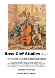 Cover of 'Bass Clef Studies Book 1: 100 Studies in Major Keys for Double Bass,' featuring a hand-colored etching from 1813 by George Cruikshank depicting three caricatured men playing a violin and a large double bass, with sheet music on the floor."