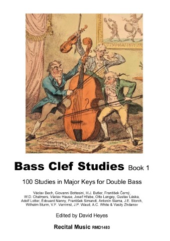 Cover of 'Bass Clef Studies Book 1: 100 Studies in Major Keys for Double Bass,' featuring a hand-colored etching from 1813 by George Cruikshank depicting three caricatured men playing a violin and a large double bass, with sheet music on the floor."