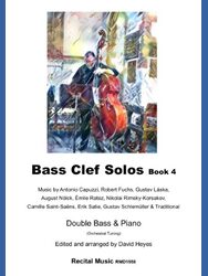 Cover of the music book 'Bass Clef Solos Book 4' featuring a vibrant, abstract-style painting of a musician playing a double bass. The text on the cover indicates it contains music by various composers including Antonio Capuzzi, Robert Fuchs, and others, arranged for Double Bass & Piano (Orchestral Tuning) and edited by David Heyes, published by Recital Music.