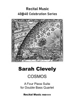 The image is a cover for a musical piece called "COSMOS" by Sarah Clevely, part of the "40@40 Celebration Series" for Recital Music. It's a four-piece suite for double bass quartet, identified by the catalog number RMD1619. The image also includes a depiction of the Flammarion engraving, which shows a man peering through a hole in the sky to see the celestial realm. This engraving is often associated with the concept of a flat Earth, though the music piece itself is titled "COSMOS," which generally refers to the universe and its vastness.