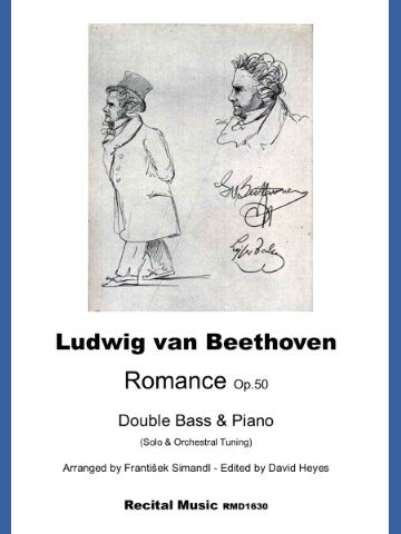 A black and white sketch featuring two profiles of Ludwig van Beethoven and his signature, alongside the title and arrangement details for "Ludwig van Beethoven Romance Op.50 Double Bass & Piano (Solo & Orchestral Tuning) Arranged by František Simandl - Edited by David Heyes Recital Music RMD1630.