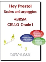 Cover image for a cello scales and arpeggios music book compatible with the ABRSM exams. It features the text "Hey Presto! Scales and arpeggios ABRSM CELLO Grade 1" and three coloured bubbles with the text "All you need to know!", "Colour-coded note charts!", and "Arpeggio code numbers!". There are also small yellow figures walking up and down stairs.