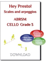 Cover image for a cello scales and arpeggios music book compatible with the ABRSM exams. It features the text "Hey Presto! Scales and arpeggios ABRSM CELLO Grade 3" and three coloured bubbles with the text "All you need to know!", "Colour-coded note charts!", and "Arpeggio code numbers!". There are also small yellow figures walking up and down stairs.