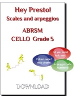 Cover image for a cello scales and arpeggios music book compatible with the ABRSM exams. It features the text "Hey Presto! Scales and arpeggios ABRSM CELLO Grade 5" and three coloured bubbles with the text "All you need to know!", "Colour-coded note charts!", and "Arpeggio code numbers!". There are also small yellow figures walking up and down stairs.