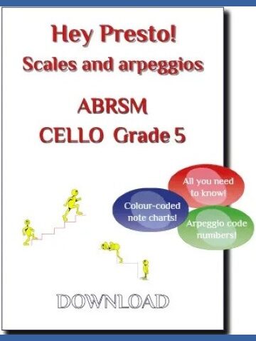 Cover image for a cello scales and arpeggios music book compatible with the ABRSM exams. It features the text "Hey Presto! Scales and arpeggios ABRSM CELLO Grade 5" and three coloured bubbles with the text "All you need to know!", "Colour-coded note charts!", and "Arpeggio code numbers!". There are also small yellow figures walking up and down stairs.