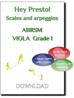 Cover image for a viola scales and arpeggios music book compatible with the ABRSM exams. It features the text "Hey Presto! Scales and arpeggios ABRSM VIOLA Grade 1" and three coloured bubbles with the text "All you need to know!", "Colour-coded note charts!", and "Arpeggio code numbers!". There are also small yellow figures walking up and down stairs.