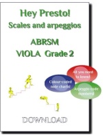 Cover image for a viola scales and arpeggios music book compatible with the ABRSM exams. It features the text "Hey Presto! Scales and arpeggios ABRSM VIOLA Grade 2" and three coloured bubbles with the text "All you need to know!", "Colour-coded note charts!", and "Arpeggio code numbers!". There are also small yellow figures walking up and down stairs.