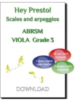 Cover image for a viola scales and arpeggios music book compatible with the ABRSM exams. It features the text "Hey Presto! Scales and arpeggios ABRSM VIOLA Grade 3" and three coloured bubbles with the text "All you need to know!", "Colour-coded note charts!", and "Arpeggio code numbers!". There are also small yellow figures walking up and down stairs.