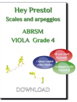 Cover image for a viola scales and arpeggios music book compatible with the ABRSM exams. It features the text "Hey Presto! Scales and arpeggios ABRSM VIOLA Grade 4" and three coloured bubbles with the text "All you need to know!", "Colour-coded note charts!", and "Arpeggio code numbers!". There are also small yellow figures walking up and down stairs.
