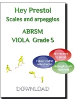 Cover image for a viola scales and arpeggios music book compatible with the ABRSM exams. It features the text "Hey Presto! Scales and arpeggios ABRSM VIOLA Grade 5" and three coloured bubbles with the text "All you need to know!", "Colour-coded note charts!", and "Arpeggio code numbers!". There are also small yellow figures walking up and down stairs.