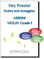 This image is a cover for a violin scales and arpeggios book compatible with ABRSM grade 1. It features the text "Hey Presto! Scales and arpeggios ABRSM VIOLIN Grade 1" and three coloured bubbles with the text "All you need to know!", "Colour-coded note charts!", and "Arpeggio code numbers!". There are also small yellow figures walking up and down stairs.