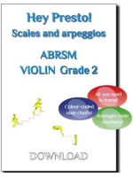 Cover image for a violin scales and arpeggios music book compatible with ABRSM grade 2. It features the text "Hey Presto! Scales and arpeggios ABRSM VIOLIN Grade 2" and three coloured bubbles with the text "All you need to know!", "Colour-coded note charts!", and "Arpeggio code numbers!". There are also small yellow figures walking up and down stairs.