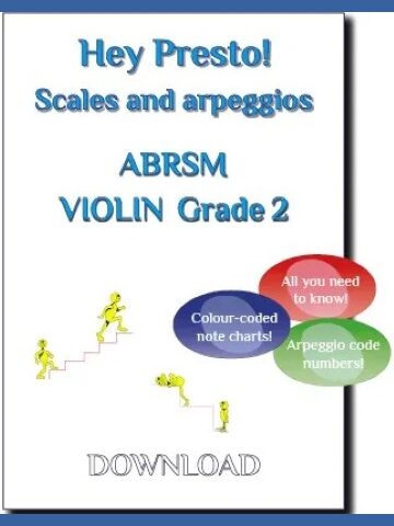 Cover image for a violin scales and arpeggios music book compatible with ABRSM grade 2. It features the text "Hey Presto! Scales and arpeggios ABRSM VIOLIN Grade 2" and three coloured bubbles with the text "All you need to know!", "Colour-coded note charts!", and "Arpeggio code numbers!". There are also small yellow figures walking up and down stairs.