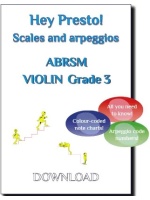 Cover image for a violin scales and arpeggios music book compatible with ABRSM grade 3. It features the text "Hey Presto! Scales and arpeggios ABRSM VIOLIN Grade 3 and three coloured bubbles with the text "All you need to know!", "Colour-coded note charts!", and "Arpeggio code numbers!". There are also small yellow figures walking up and down stairs.