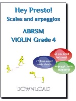 Cover image for a violin scales and arpeggios music book compatible with ABRSM grade 4. It features the text "Hey Presto! Scales and arpeggios ABRSM VIOLIN Grade 4" and three coloured bubbles with the text "All you need to know!", "Colour-coded note charts!", and "Arpeggio code numbers!". There are also small yellow figures walking up and down stairs.