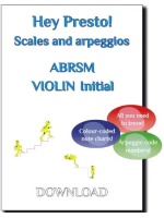 This image is the cover for a violin scales and arpeggios book for ABRSM Initial grade by "Hey Presto! Scales and arpeggios ABRSM VIOLIN Initial" and three colored bubbles with the text "All you need to know!", "Colour-coded note charts!", and "Arpeggio code numbers!". There are also small yellow figures walking up and down stairs.